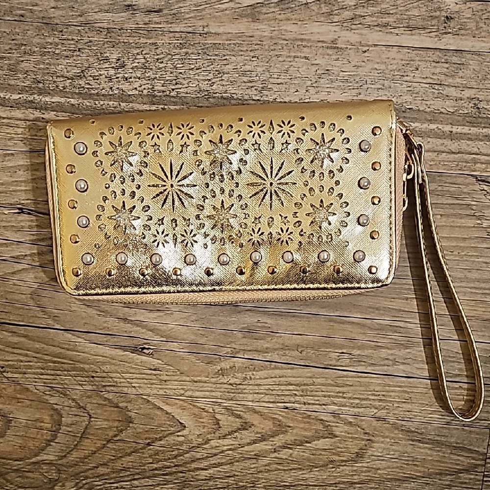 Under One Sky Metallic Gold Starburst Wristlet Clutch